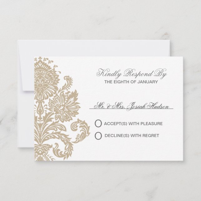 Khaki Damask Border Wedding DIY RSVP Card (Front)