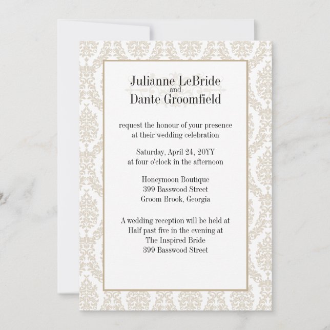 Khaki Designer Damask Wedding DIY Invitation (Front)