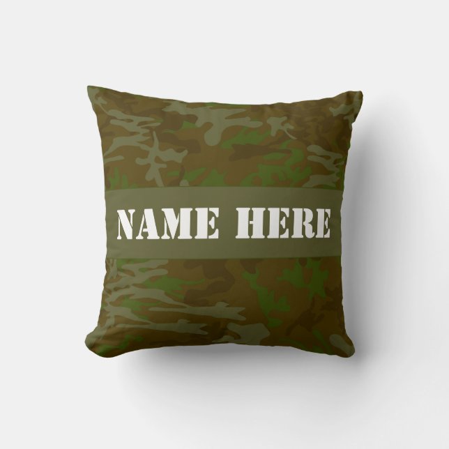 Khaki Green Camo Custom Name Throw Pillow (Front)
