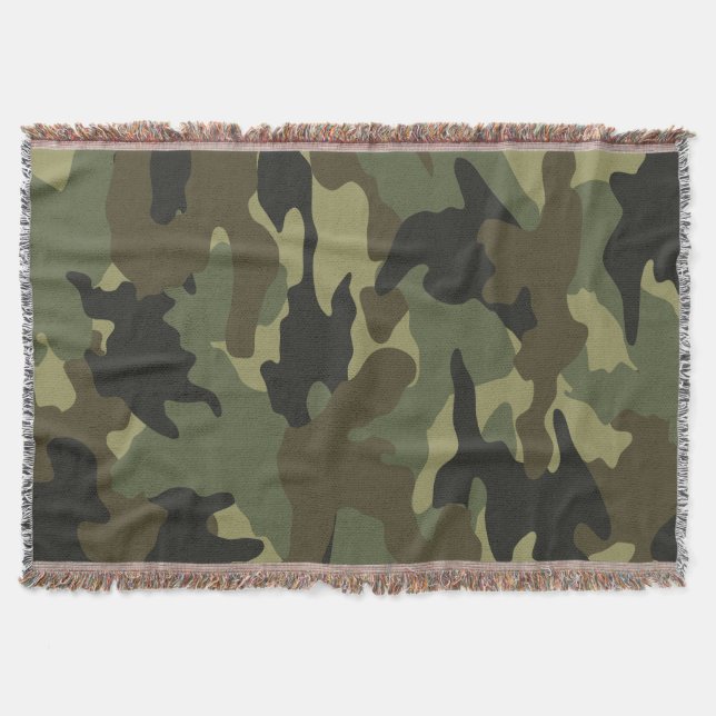 Khaki Green Camo Military Woven Throw Blankets (Front)