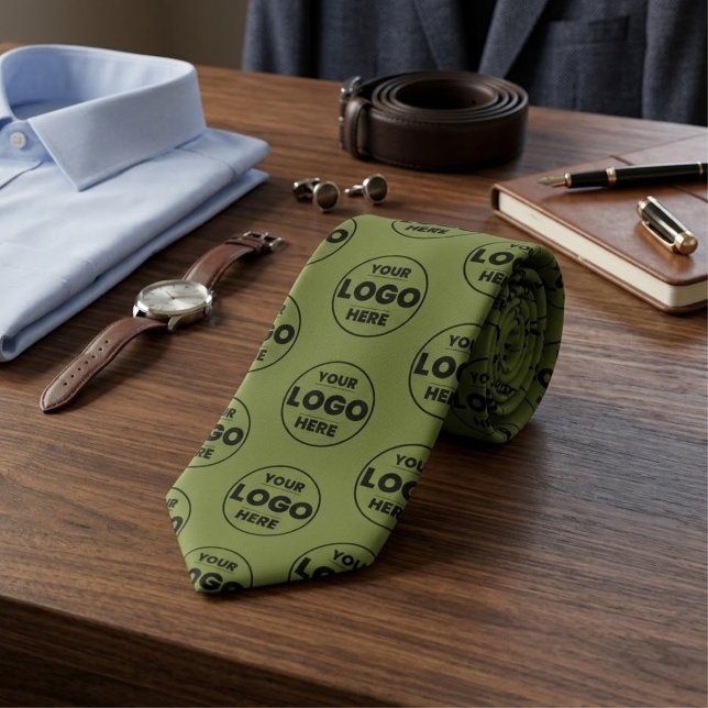 Khaki Green / Olive Custom Logo Repeat Pattern Tie (Khaki Green Custom Logo Repeat Pattern Professional Branded Tie)