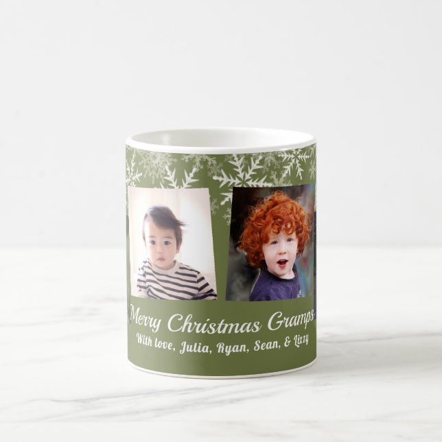 Khaki Green Photo Collage Snowflakes Christmas Coffee Mug (Center)