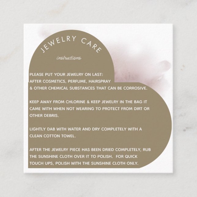 Khaki Heart Arch Jewellery Care Instruction Thanks Square Business Card (Front)