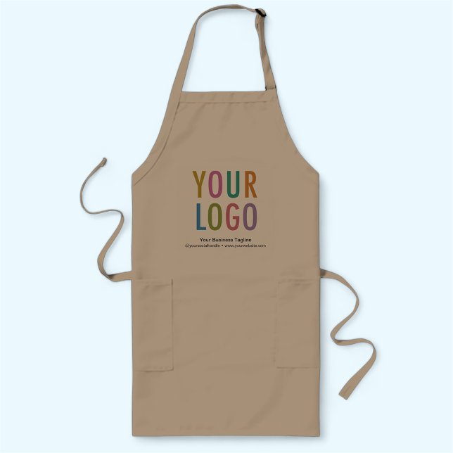 Khaki Long Apron Custom Business Logo Personalised (MISOOK Khaki Long Apron with Pockets Imprinted with Logo)