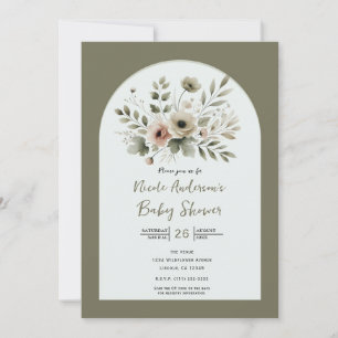 Khaki Olive Green Watercolor Floral Baby Shower Invitation
