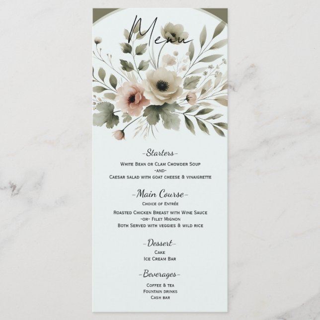  Khaki Olive Green Watercolor Floral Wedding Menu (Front)