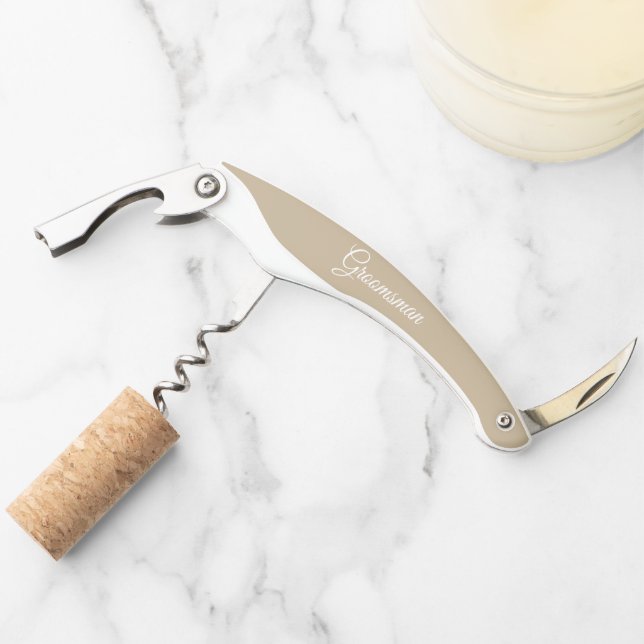 Khaki Personalised Wedding Groomsman Corkscrew (Front)