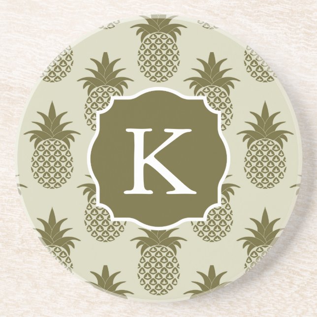 Khaki Pineapple Pattern | Add Your Initial Coaster (Front)