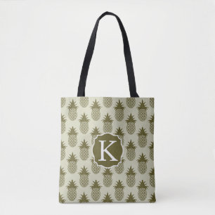 Khaki Pineapple Pattern Add Your Initial Tote Bag