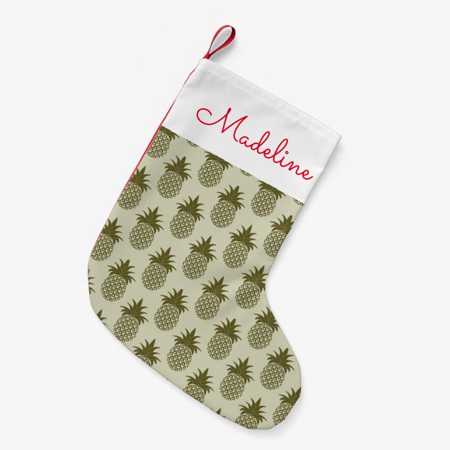 Khaki Pineapple Pattern | Add Your Name Small Christmas Stocking (Front (Hanging))