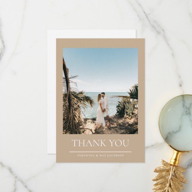 Khaki Simple Couple Photo Wedding  Thank You Card (Front/Back In Situ)
