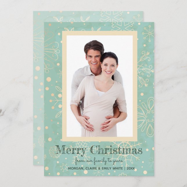 Khaki Snowflakes on Mint Christmas Photo Cards (Front/Back)