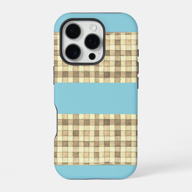 Khaki tan cream gingham blue stripe iPhone 16 case (Back)
