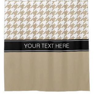 Khaki White Houndstooth CB Black Name Monogram Shower Curtain