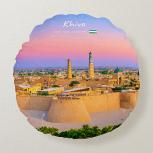 Khiva, Uzbekistan - Ancient Fortress Skyline Round Cushion