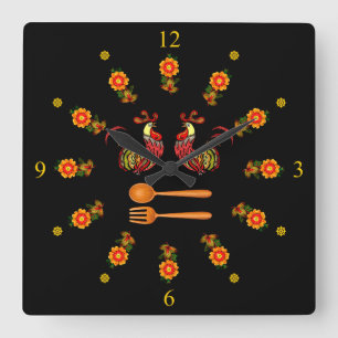 Khokhloma ~ Flower Ring ~ 2 Roosters ~ Square Wall Clock