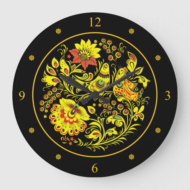 Khokhloma ~ Russian Folk Art ~Birds & Flowers ~   Large Clock (Front)