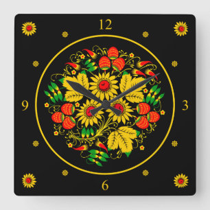 Khokhloma ~ Russian Folk Art ~ Flowers ~ Square Wall Clock