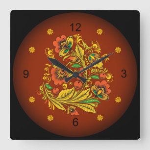 Khokhloma ~ Russian Folk Art ~ Flowers ~ Square Wall Clock