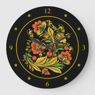 Khokhloma ~ Russian Folk Art ~ Red/Gold Flowers ~ Large Clock