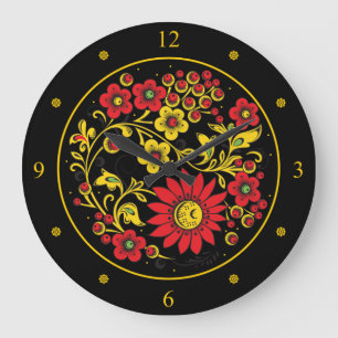 Khokhloma ~ Russian Folk Art ~ Red/Gold Flowers ~  Large Clock