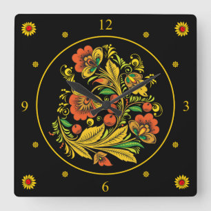 Khokhloma ~ Russian Folk Art ~ Red/Gold Flowers ~  Square Wall Clock
