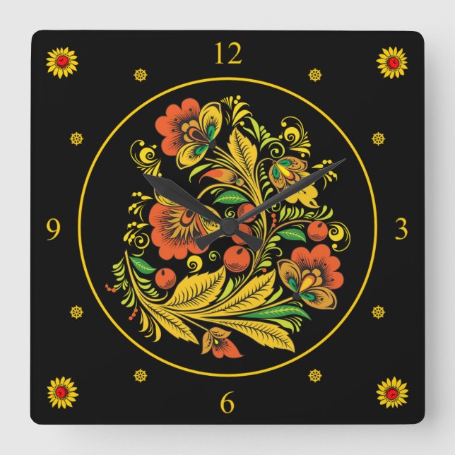 Khokhloma ~ Russian Folk Art ~ Red/Gold Flowers ~  Square Wall Clock (Front)