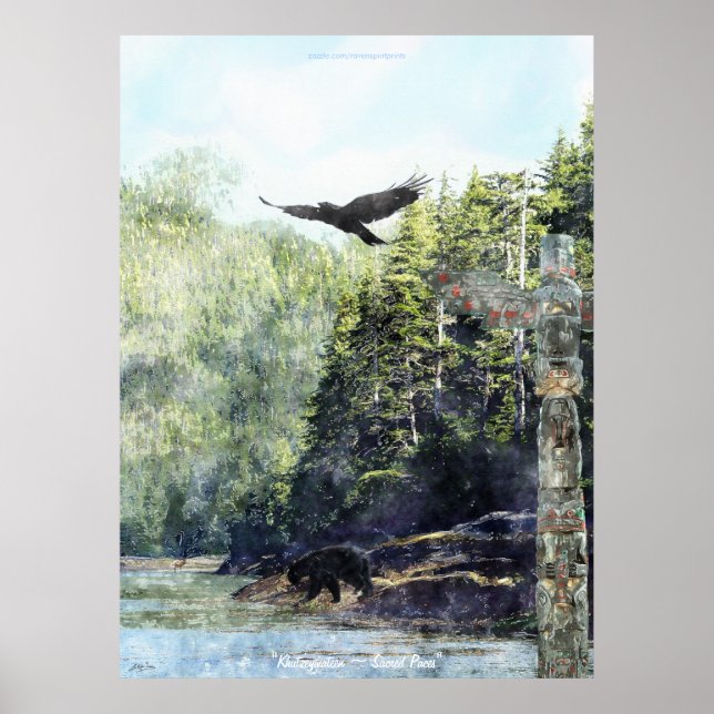 Khutzeymateen Wildlife & Totem Watercolour Art Poster (Front)