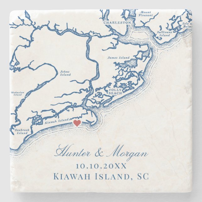 Kiawah Island Map Elegant Navy Blue Wedding Favour Stone Coaster (Front)