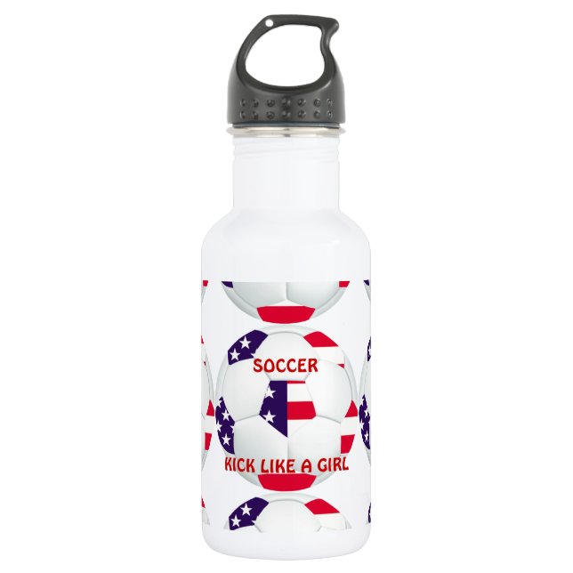 KICK LIKE A GIRL ~ American Flag Themed Soccer 532 Ml Water Bottle (Front)