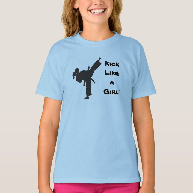 Kick Like a Girl Martial Arts Tae Kwon Do Ponytail T-Shirt (Front)