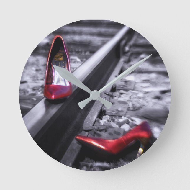 Kick Off Your Shoes red shoes on railroad tracks Round Clock (Front)