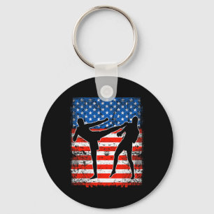 Kickboxing Fighters On American Flag Patriotic Key Ring