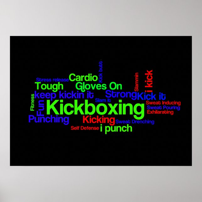 Kickboxing Word Cloud Bright on Black Poster (Front)