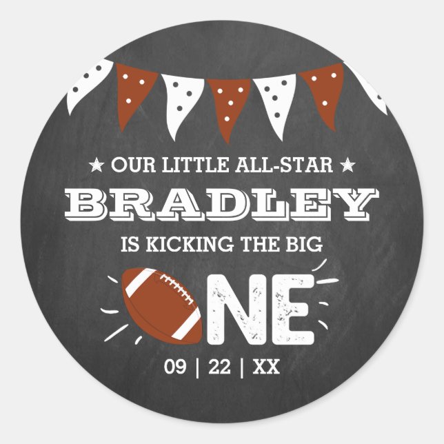 Kicking The Big One | Football 1st Birthday Classic Round Sticker (Front)