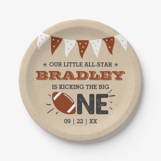 Kicking The Big One | Football 1st Birthday Paper Plate (Front)