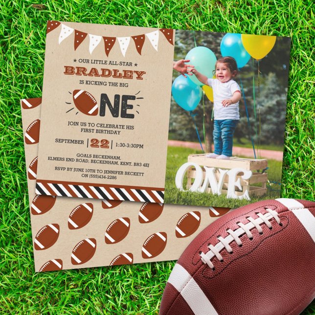 Kicking The Big One | Football 1st Birthday Photo Invitation (Creator Uploaded)