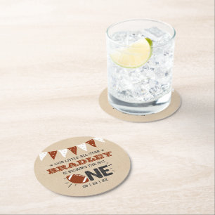 Kicking The Big One   Football 1st Birthday Round Paper Coaster