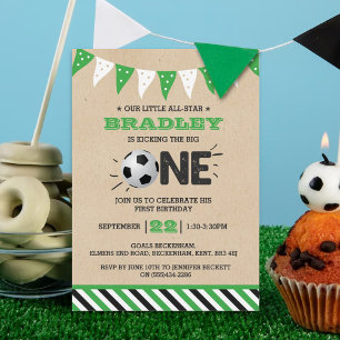 Kicking The Big One   Soccer 1st Birthday Invitation