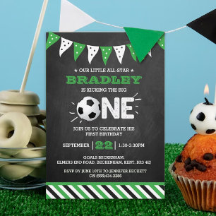 Kicking The Big One Soccer 1st Birthday Invitation