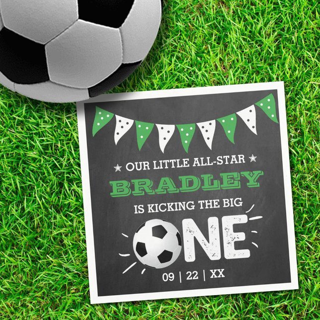 Kicking The Big One | Soccer 1st Birthday Napkin (Creator Uploaded)
