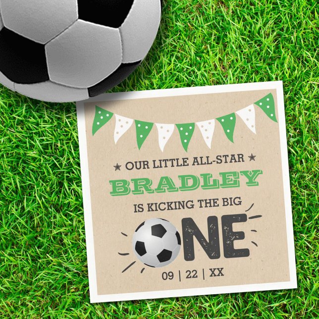 Kicking The Big One | Soccer 1st Birthday Napkin (Creator Uploaded)