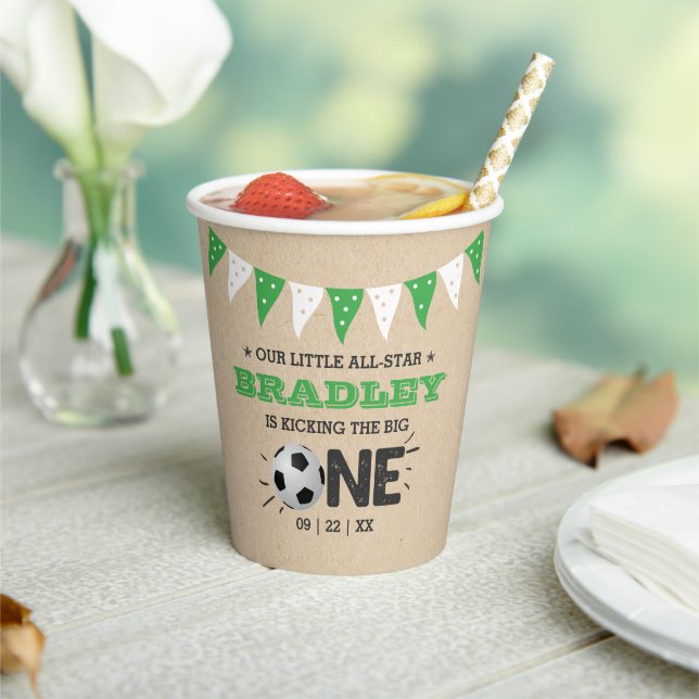 Kicking The Big One | Soccer 1st Birthday Paper Cups (Insitu)