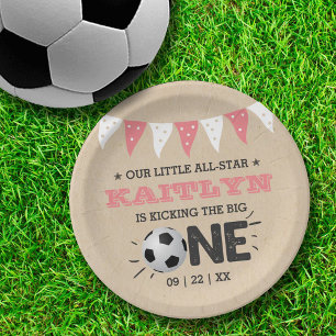 Kicking The Big One   Soccer 1st Birthday Paper Plate