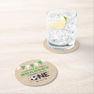 Kicking The Big One   Soccer 1st Birthday Round Paper Coaster