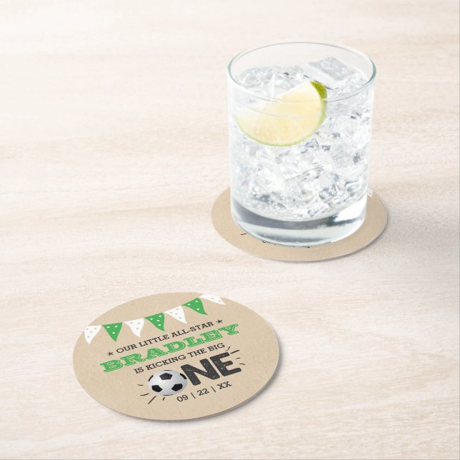 Kicking The Big One | Soccer 1st Birthday Round Paper Coaster (Insitu)