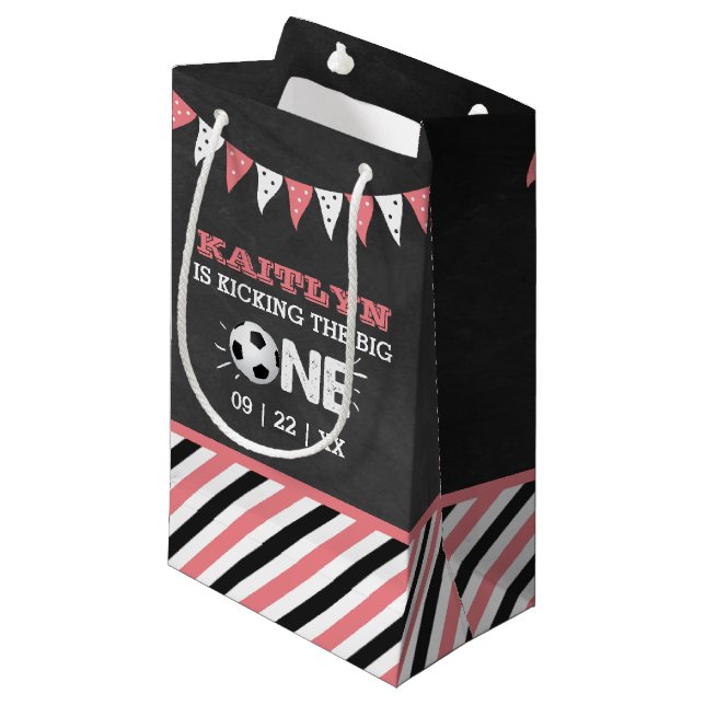 Kicking The Big One | Soccer 1st Birthday Small Gift Bag (Front Angled)