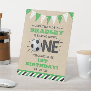 Kicking The Big One   Soccer 1st Birthday Welcome Pedestal Sign