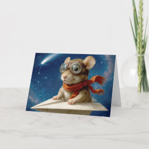 Kid Birthday Mouse Flying In a Paper Airplane Card