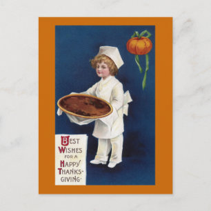 Kid Chef with Pumpkin Pie Vintage Thanksgiving Holiday Postcard